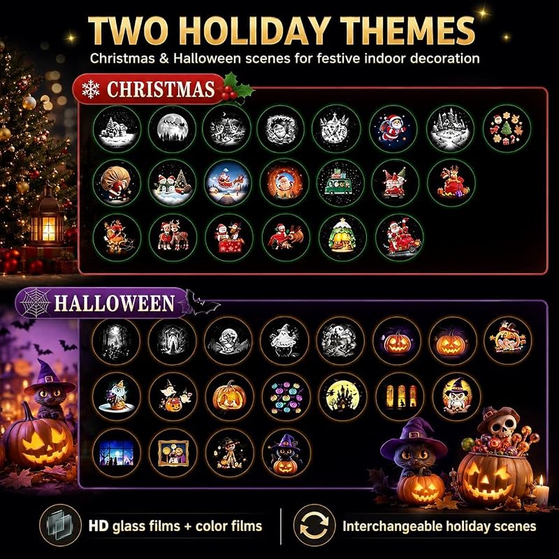 Halloween Projector Lights Indoor – Plug & Play with 14 Films, HD Glass & Color Films