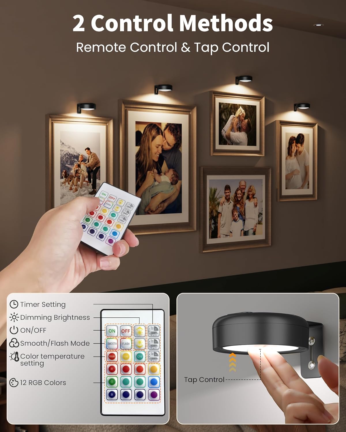 Skiennix Wireless Picture Lights - 2000mAh Rechargeable LED Puck Lights with Remote | 3 Color Temps & Dimming