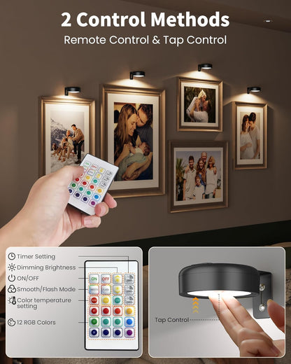 Skiennix Wireless Picture Lights - 2000mAh Rechargeable LED Puck Lights with Remote | 3 Color Temps & Dimming