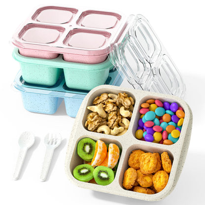 CSQLJ Snack Containers(4 Pack), 4-Compartment Meal Prep Containers Reusable, Snack box Container for Kids and Adults, Food Storage Containers for School, Work, Travel (Green/Blue/Pk/Beige)