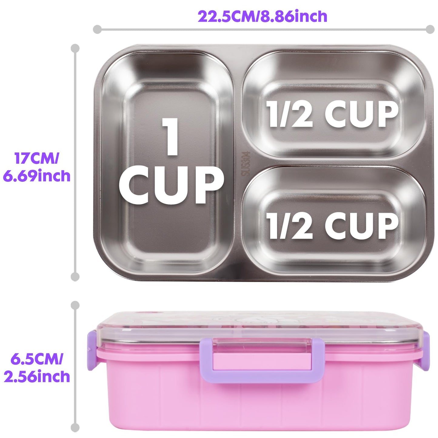 YOYTOO Stainless Steel Bento Lunch Box for Kids, 800ml/27oz BPA-Free Leak-Proof Children Food Containers with 3 Compartments, School Students Daycare Lunches/Snack Container