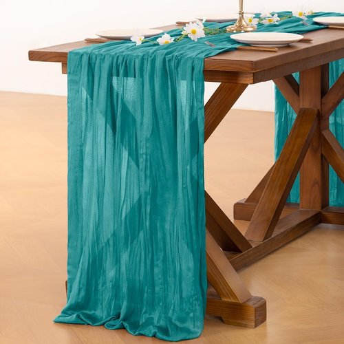 **Socomi Teal Blue Cheesecloth Table Runner - 120 Inch Boho Rustic Decor for Weddings & Parties**