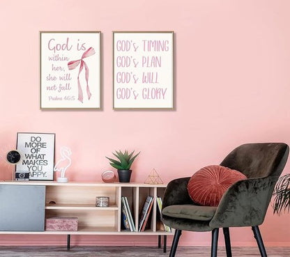 Coquette Pink Bow Canvas Wall Art - Inspirational Christian Bible Verses for Girls' Room | 12"x16" Unframed