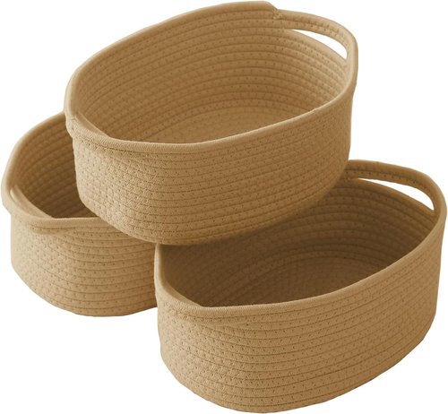 JMvicyroam Woven Basket - Small Rope Storage Bin with Handles | Perfect Organizer for Shelves & Closets, 3 Pack
