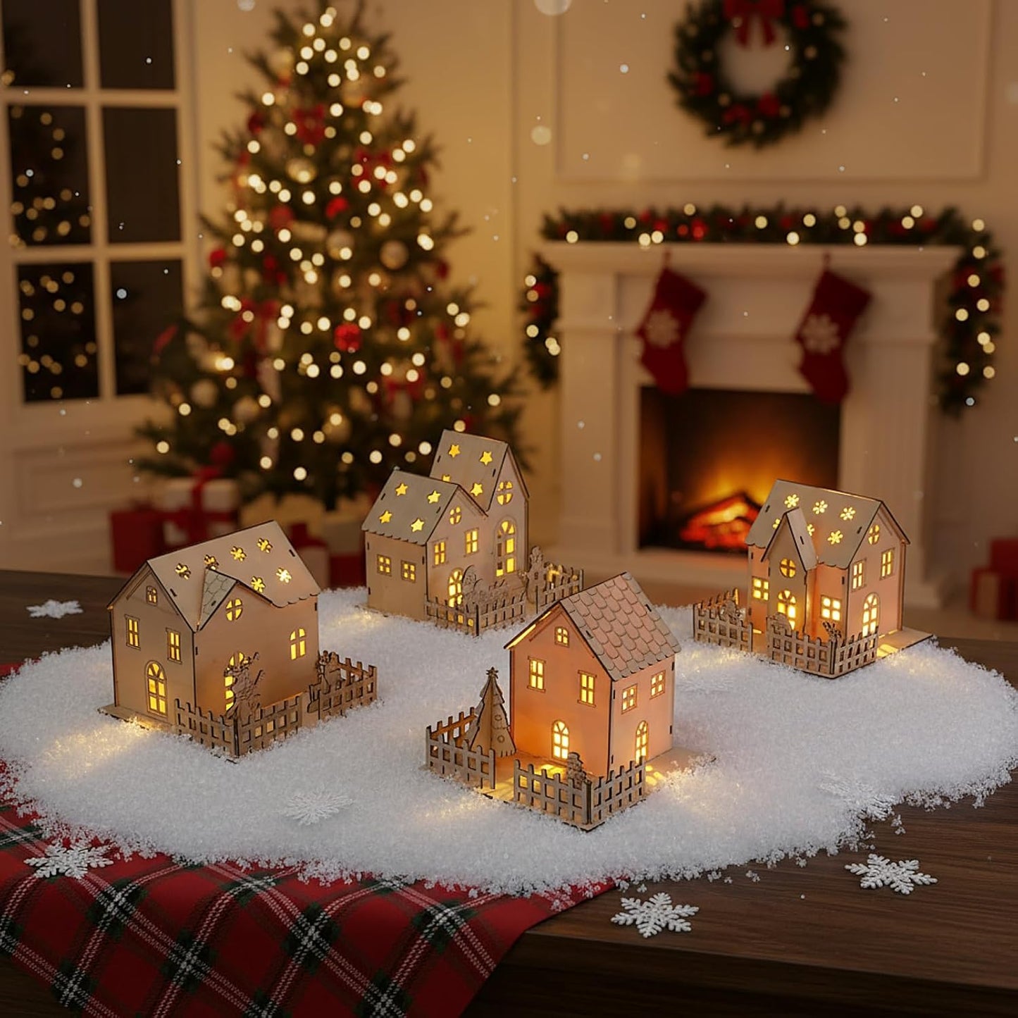 Qunclay Light Up Christmas Village Set - 4 Unfinished Wooden Houses for Holiday Crafts & Decorations