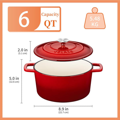Velaze 6 QT Enameled Cast Iron Dutch Oven - Heavy-Duty Non-Stick Pot with Lid for Baking & Roasting | Red