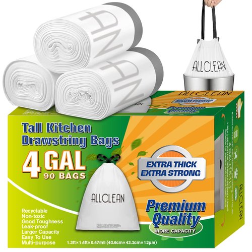 4 Gallon Trash Bags, 90 Counts Ultra Durable Heavy Duty Drawstring Garbage Bags, Thick Tear-Resistant Unscented Recyclable Small Trash Can Liners for Bathroom, Toilet, Kitchen, Office, Bedroom
