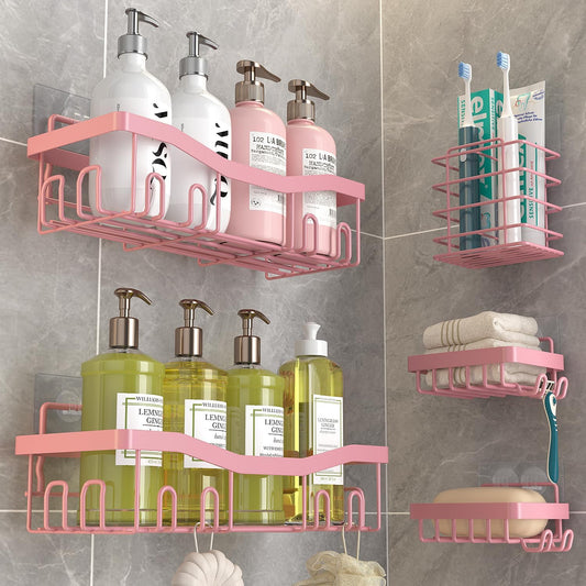 Youvip Adhesive Shower Caddy - No Drilling Bath Organizers | Rustproof 5-Pack with Soap & Toothbrush Holder - Pink