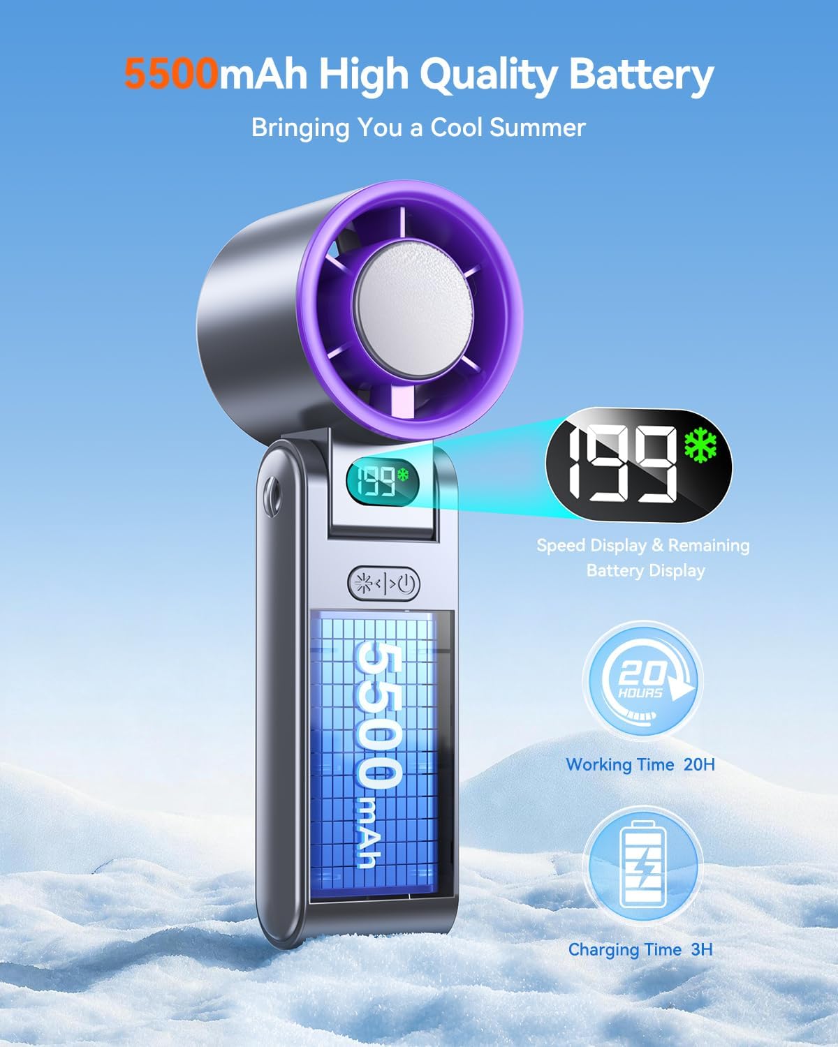 Skiennix Portable Handheld Turbo Fan - 199 Speed Personal Cooler with 20H Battery Life | Grey Purple
