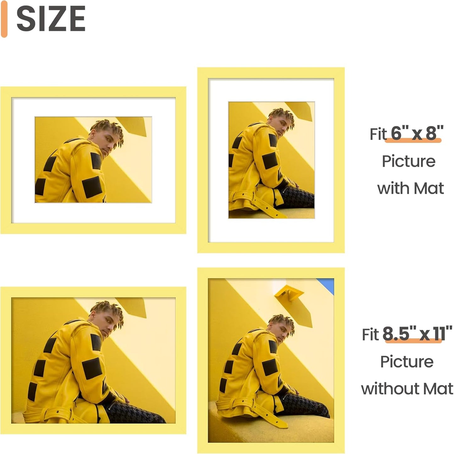 Upsimples 8.5x11 Picture Frame - Display 6x8 Photos with Mat or 8.5x11 Without - Yellow, 1 Pack