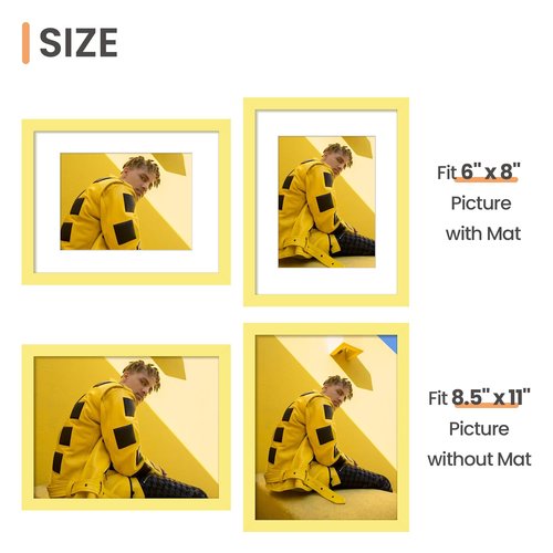 upsimples 8.5 By 11 Picture Frame, Display Pictures 6x8 with Mat or 8.5 x 11 Without, Wall Hanging Photo Frames, Yellow, 1 Pack