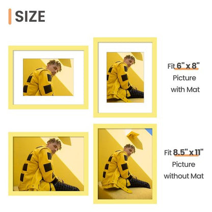 upsimples 8.5 By 11 Picture Frame, Display Pictures 6x8 with Mat or 8.5 x 11 Without, Wall Hanging Photo Frames, Yellow, 1 Pack