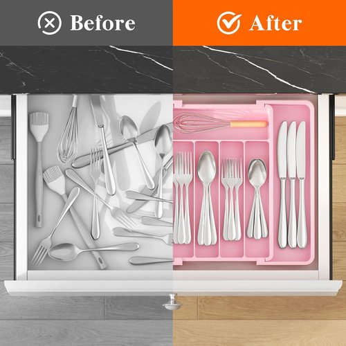 Lifewit Expandable Silverware Organizer - BPA-Free Utensil Tray for Kitchen | Adjustable 8.5"-14.1" x 12.1", Pink