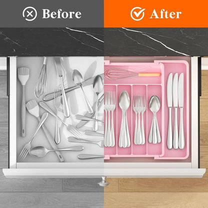 Lifewit Expandable Silverware Organizer - BPA-Free Utensil Tray for Kitchen | Adjustable 8.5"-14.1" x 12.1", Pink