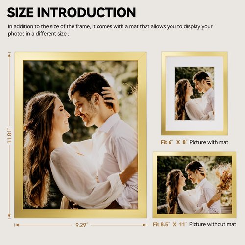HappyHapi 8.5x11 Picture Frame Gold, Gold Picture Frames Display Photos 6x8 with Mat or 8.5x11 Without Mat, 1 Pack Plastic Frame for Wall & Tabletop for Home Decor