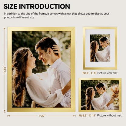 HappyHapi 8.5x11 Picture Frame Gold, Gold Picture Frames Display Photos 6x8 with Mat or 8.5x11 Without Mat, 1 Pack Plastic Frame for Wall & Tabletop for Home Decor