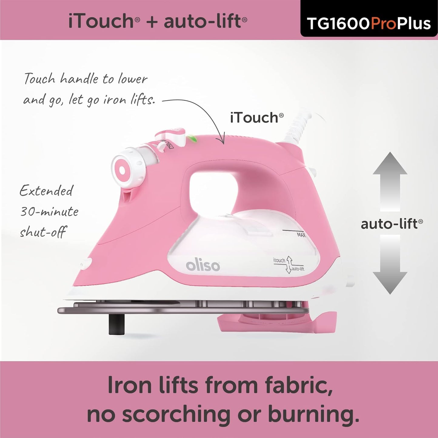 Oliso TG1600 ProPlus Smart Iron - 1800 Watt Steam Iron with Auto-Lift & Diamond Ceramic Soleplate - Rosé