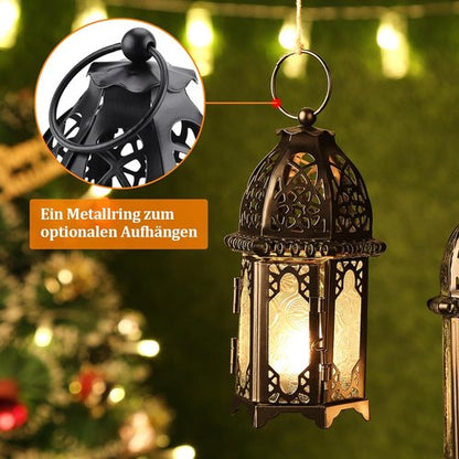 IMAGE Metal Candle Lantern - 6.7" Hanging Moroccan Birdcage Holder with Glass - Black for Home Decor