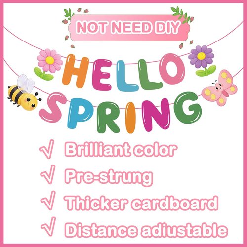 Hello Spring Banner - Colorful Spring Party Decorations with Bee, Butterfly & Flower | No DIY Needed