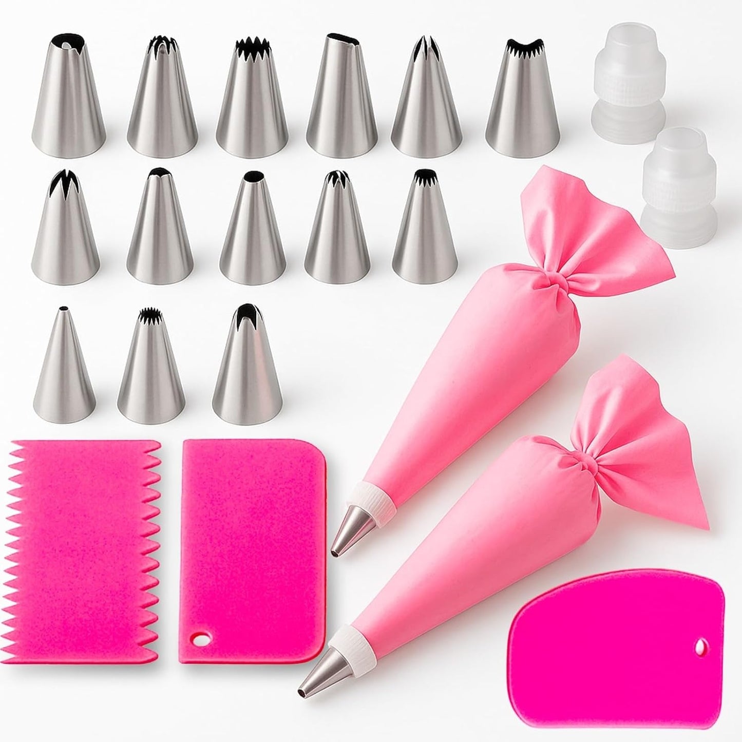 Skiennix Piping Bags and Tips Set - 21-Piece Reusable Cake Decorating Kit with 14 Stainless Steel Nozzles, 2 Silicone Bags & 3 Scrapers