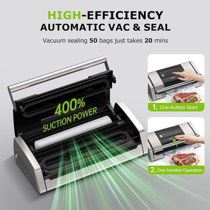 Bonsenkitchen Vacuum Sealer - Easy-Lock Handle Food Sealer with Built-in Cutter & Storage | Silver, Includes 1 Roll & 10 Bags