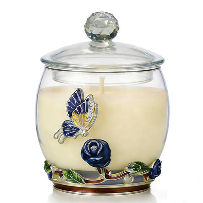 Blue Butterfly Rose Scented Soy Candle – Luxe Glass Jar with Crystal Lid, 60-80 Hr Burn