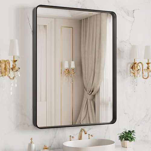 LOAAO Black Metal Framed Bathroom Mirror - Large Rounded Rectangle, Anti-Rust, 20x16 Inch, Matte Finish