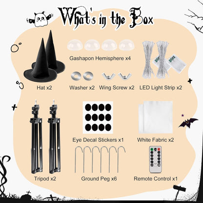 Skiennix Halloween Decorations - Light-Up Spooky Ghosts with LED Strip & Witch Hats | 2 Large Indoor/Outdoor Decor