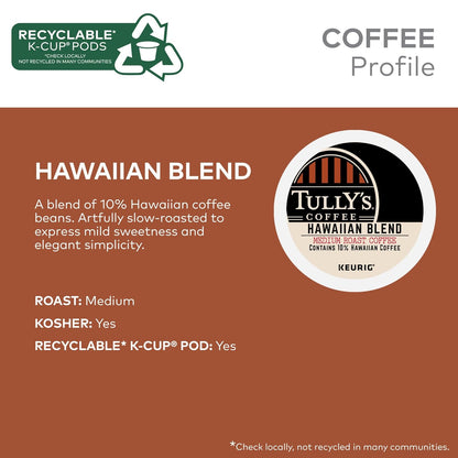 Tully's Coffee Hawaiian Blend K-Cup Pods - Medium Roast, 60 Count (6 Packs of 10)