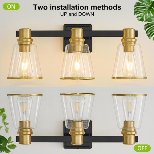 Deyidn Vanity Lights Black Gold Bathroom Light Fixtures Over Mirror, 3 Light Vanity Lighting Fixtures, Mid Century Modern Wall Sconce with Clear Glass Shades for Farmhouse Bedroom