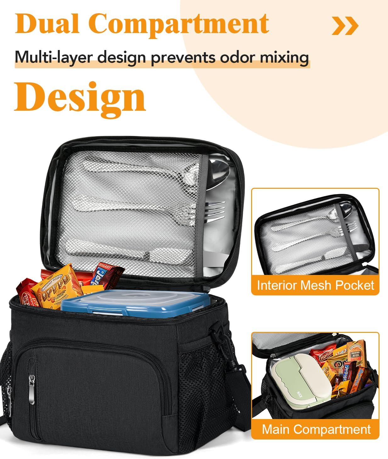 Skiennix Insulated Lunch Bag - 9L Leakproof Soft Cooler Tote with 5 Pockets | Adjustable Strap - Black