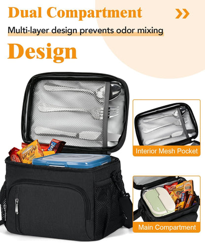 Skiennix Insulated Lunch Bag - 9L Leakproof Soft Cooler Tote with 5 Pockets | Adjustable Strap - Black