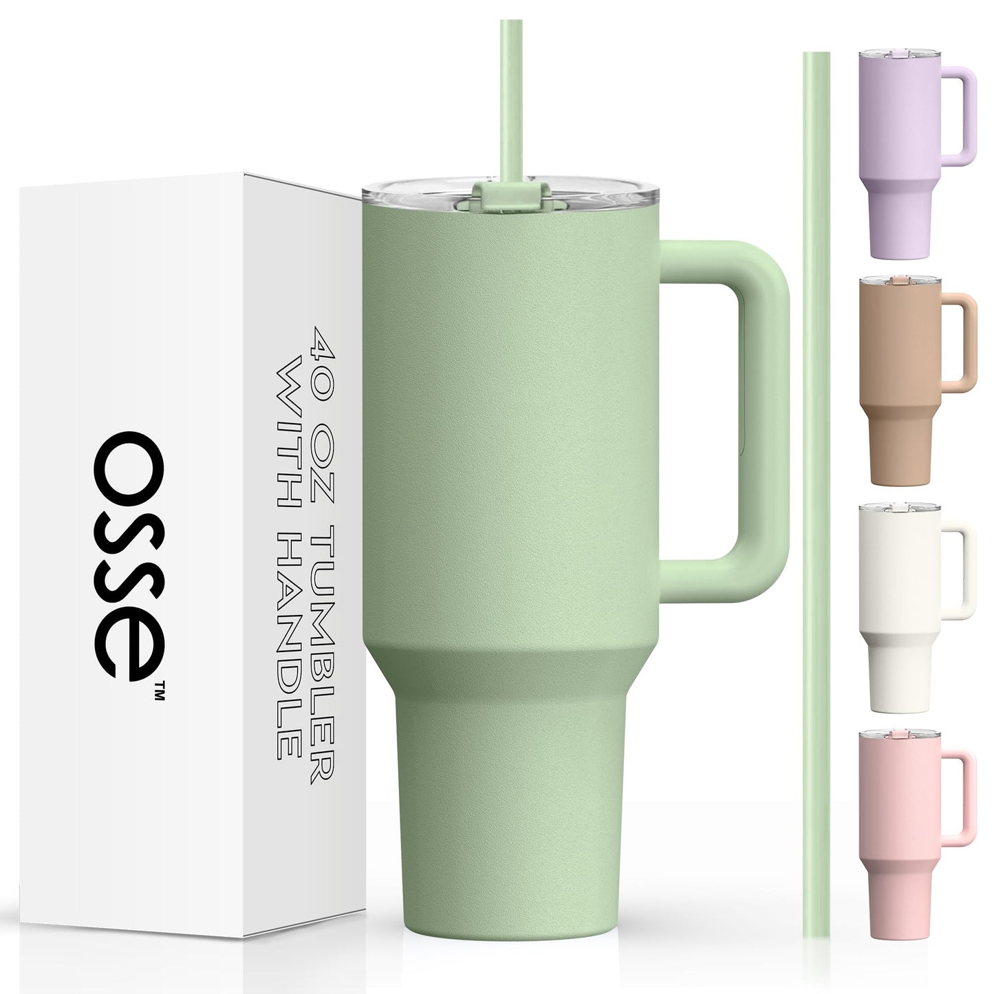 osse 40oz Tumbler with Handle and Straw Lid | Double Wall Vacuum Reusable Stainless Steel Insulated Water Bottle Travel Mug Cup | Modern Insulated Tumblers Cupholder Friendly (Sage)