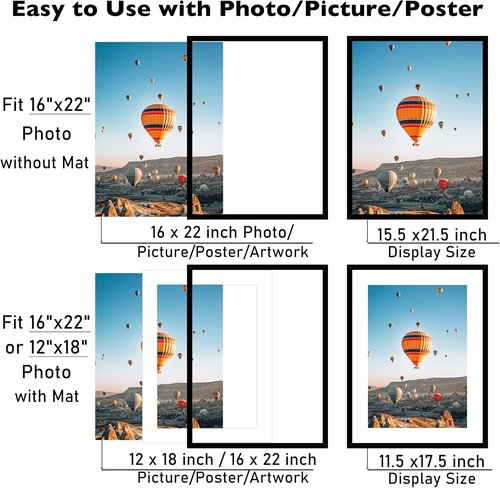 JCJMY 16x22 Picture Frame - Wall Hanging Display for 12x18 Photos with Mat or 16x22 Without Mat, Black