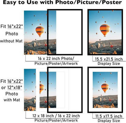 JCJMY 16x22 Picture Frame - Wall Hanging Display for 12x18 Photos with Mat or 16x22 Without Mat, Black