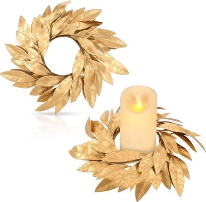 Domensi Gold Bay Leaf Candle Rings - 2 Pcs Rustic Candleholders for 3.9 Inch Pillar Candles | Christmas Decor