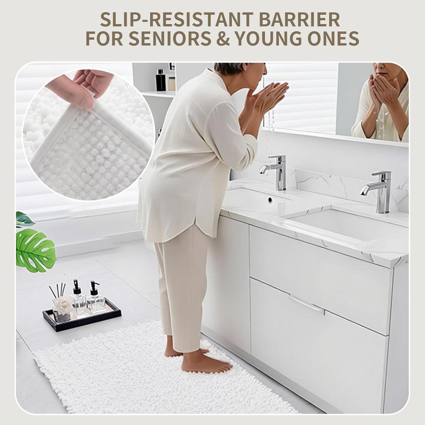 Skiennix Non-Slip Bathroom Rug - Extra Thick Soft Chenille, Quick Dry Plush Shaggy Mat | 32x20, White