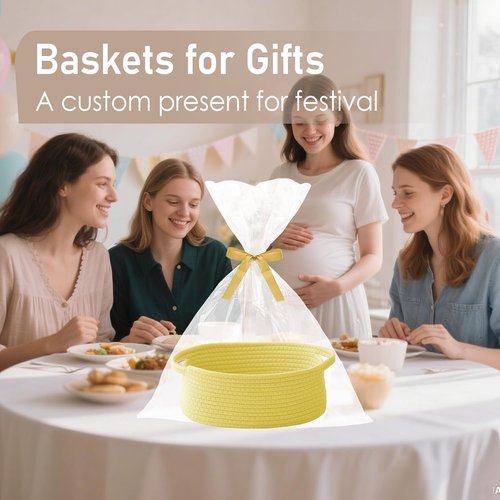 JMvicyroam Woven Storage Baskets - Small Rope Bins with Handles for Organizing Shelves | Yellow, 3-Pack