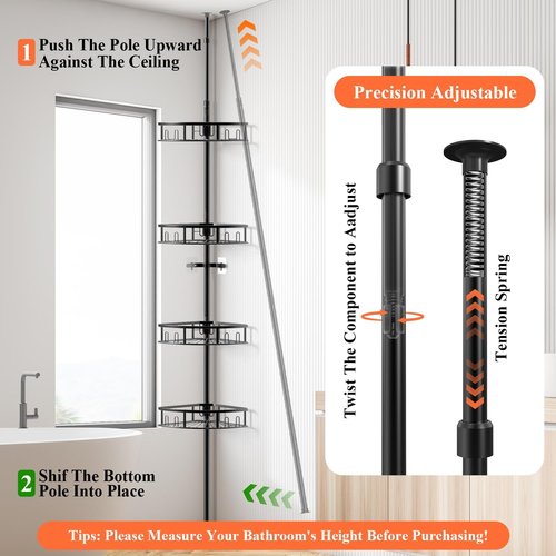 4-Tier Rustproof Corner Shower Caddy by [Brand Name] - Adjustable Tension Pole, 42-115 Inch Height, Freestanding Bathroom Organizer - Black