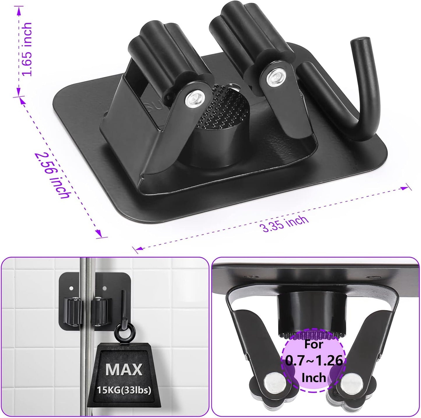 Stainless Steel Broom Holder - Heavy Duty, Rust Resistant with 4 Gripper Positions & Hooks | Black