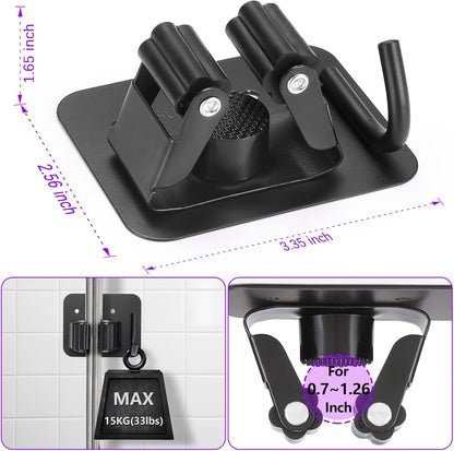Stainless Steel Broom Holder - Heavy Duty, Rust Resistant with 4 Gripper Positions & Hooks | Black