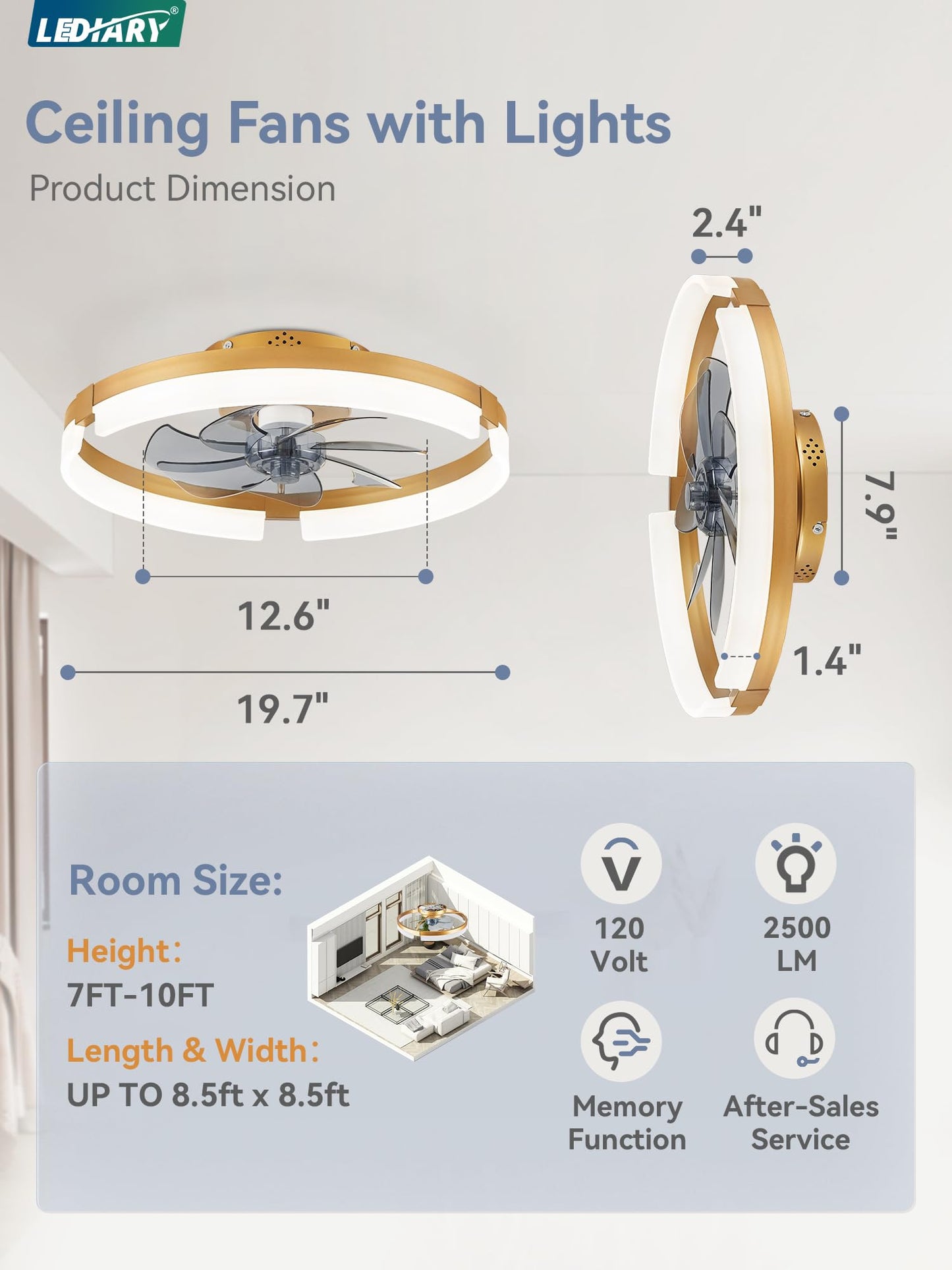 LEDIARY Ceiling Fans with Lights and Remote, 19.7 Inch Low Profile Ceiling Fan, 6 Speeds, Reversible, Dimmable Flush Mount Fan Light,Modern Ceiling Fan with Light for Bedroom, Gold