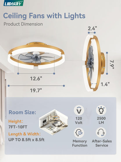 LEDIARY Ceiling Fans with Lights and Remote, 19.7 Inch Low Profile Ceiling Fan, 6 Speeds, Reversible, Dimmable Flush Mount Fan Light,Modern Ceiling Fan with Light for Bedroom, Gold