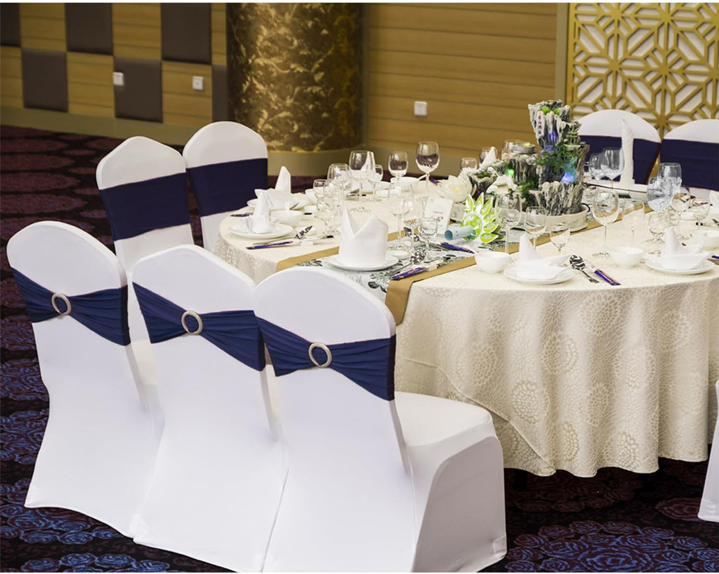 Skiennix Navy Blue Chair Sashes - 100 Pack Spandex Chair Bands with Buckles for Events & Parties