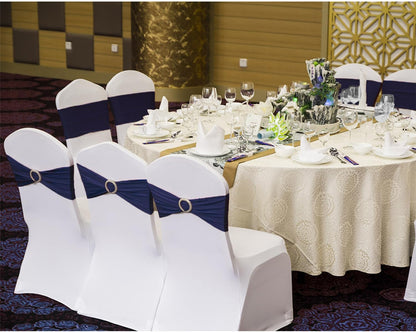Skiennix Navy Blue Chair Sashes - 100 Pack Spandex Chair Bands with Buckles for Events & Parties