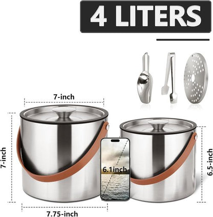 4L Ice Bucket with Lid, Scoop,Tongs & Strainer, Stainless Steel Double Wall Insulated Ice Buckets for Parties & Cocktail Bar, Large Outdoor Champagne Ice Container, Light Brown Handle