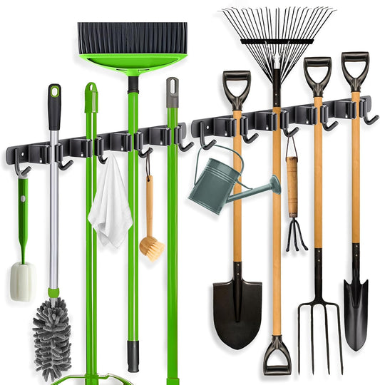 ZONGOOL Broom Holder Wall Mount - Heavy Duty 4 Racks & 5 Hooks Organizer for Home, Kitchen, Garage (Black)