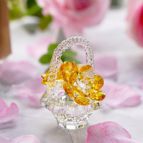 H&D Hyaline & Dora Crystal Flower Basket Figurine - Elegant Home Decor Tabletop Centerpiece | Yellow Gift for Her