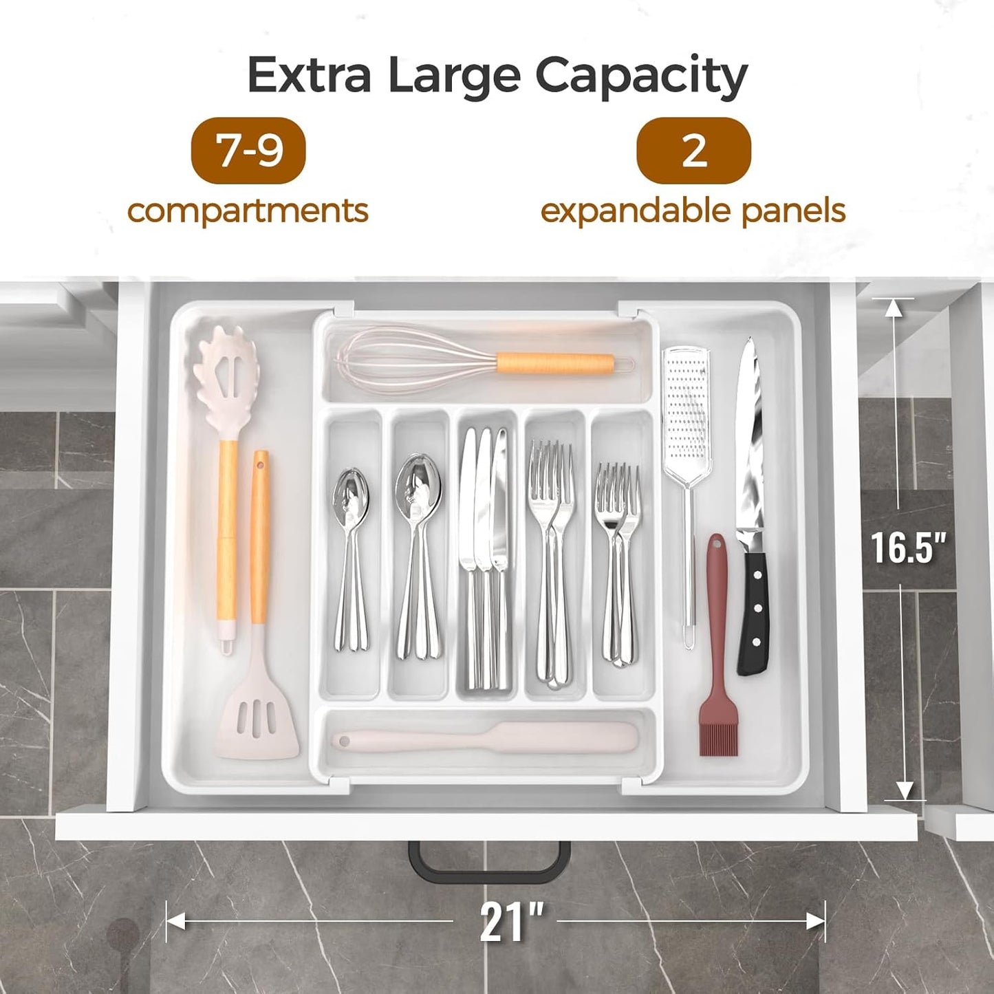 Ukeetap Extra Large Expandable Silverware Organizer - BPA-Free Cutlery Holder for Kitchen Drawers | Adjustable White Design