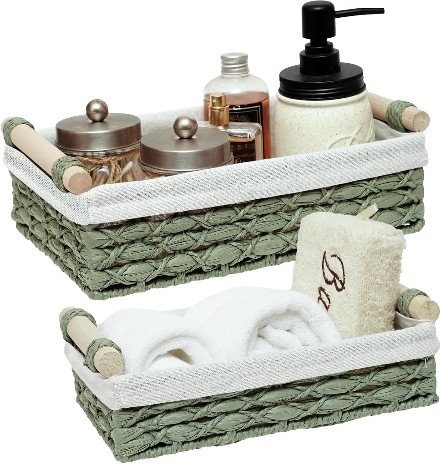 Skiennix Wicker Storage Baskets - Decorative Organizing Bins with Handles | Set of 2, Green